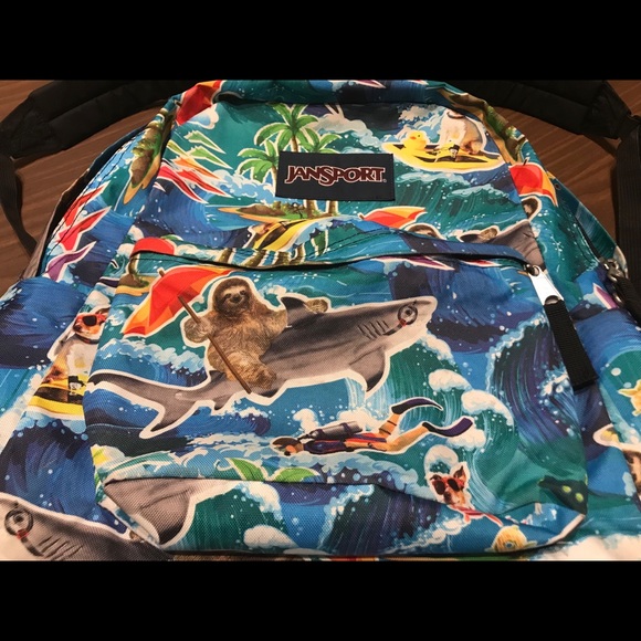 Jansport Backpack Sloth Riding Shark RARE - Picture 2 of 8